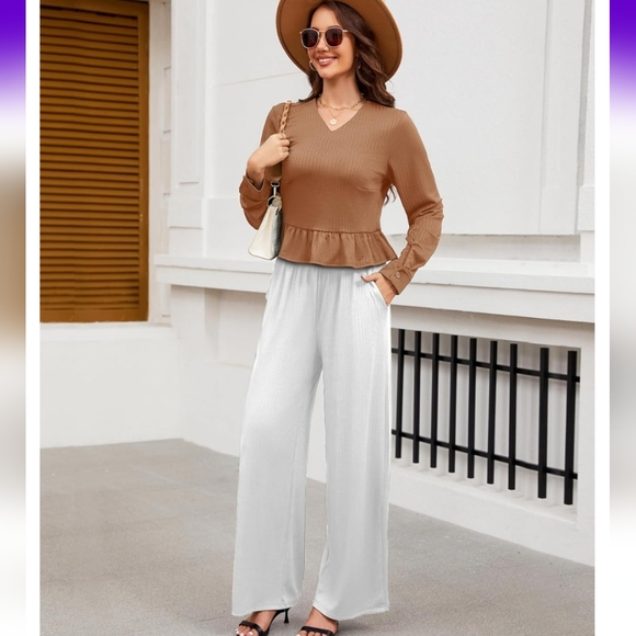 NWT Peplum Tan And White Womens Dressy Two Piece Set - Picture 1 of 7